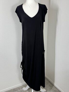 Joseph Ribkoff Dress Black Jersey Midi Side Ruching V Neck Sz 10 Short Sleeve